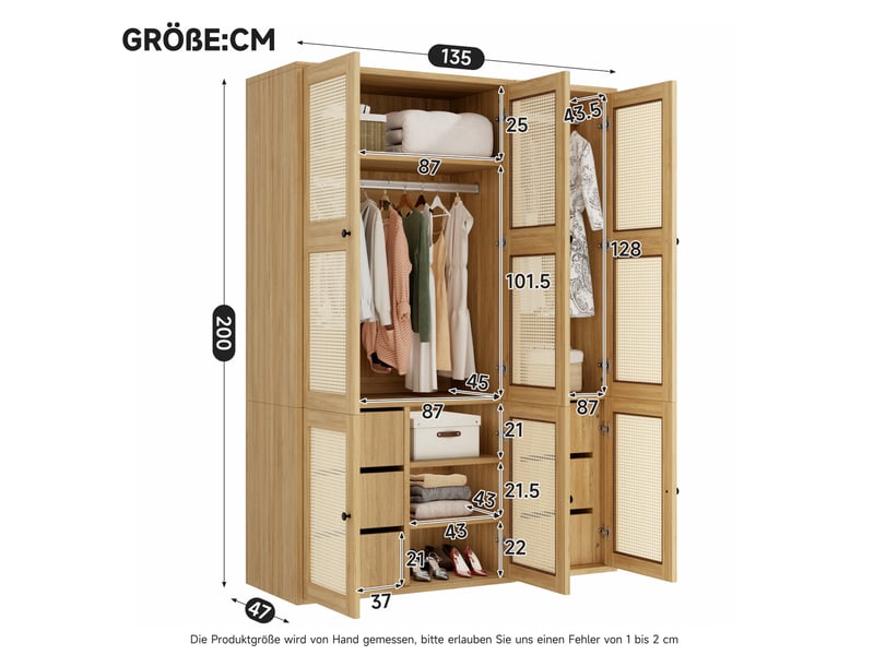  Armoire battante 135x47x200 cm avec 2 barres de penderie, 6 tiroirs, 4 compartiments, mdf, bois, dressing | chambre  - Conforama C