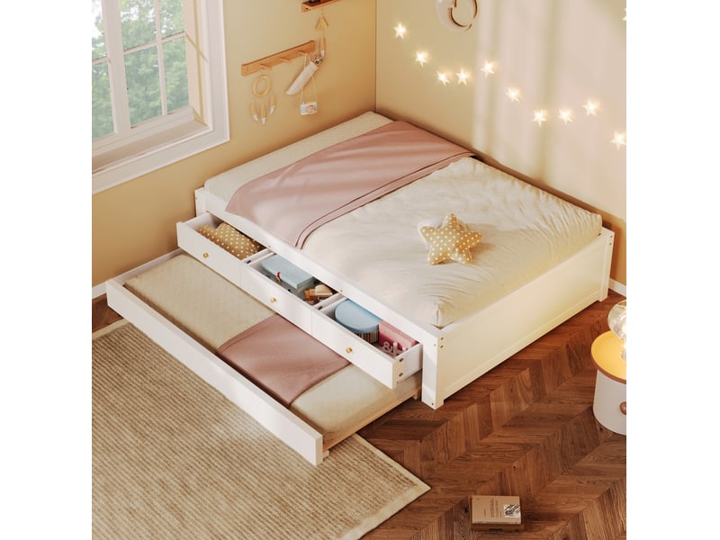  Lit gigogne enfant 90x200 cm blanc bois, 3 tiroirs intégrés et couchage d'appoint 90x190 cm pour chambre  - Conforama B