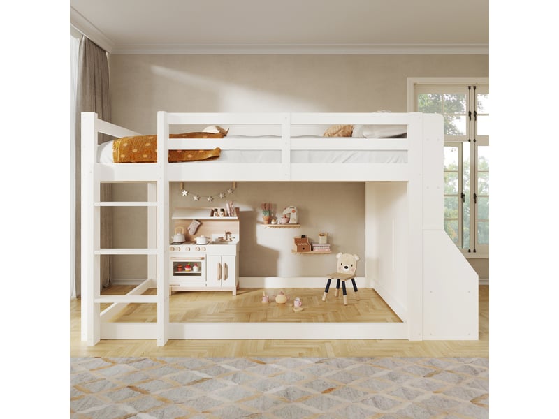  Lit mezzanine enfant 140 x 200 cm avec espace modulable sous le couchage, étagères ouvertes et 2 compartiments rabattables avec led, en bois blanc  - Conforama C