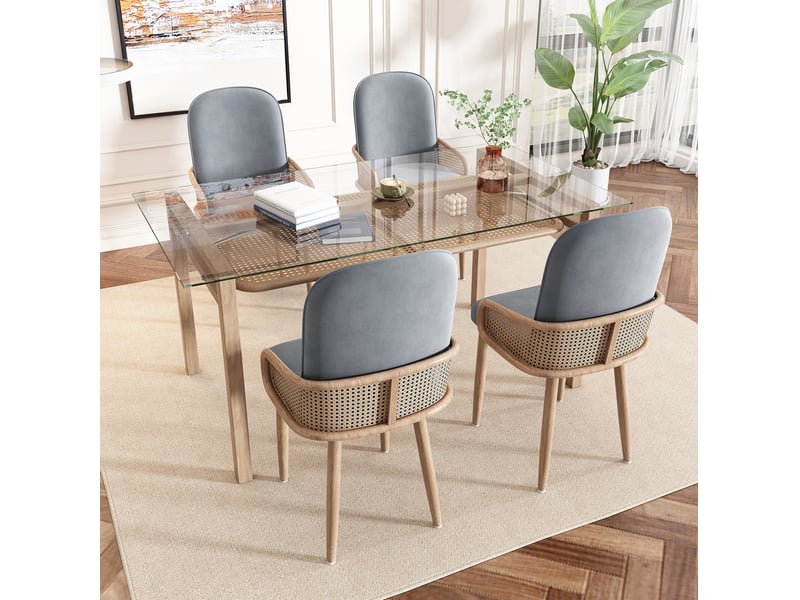  Lot de 6 chaises salle à manger 45x43x90 cm rotin naturel, velours, pieds métal effet bois, capacité 150 kg, gris  - Conforama B