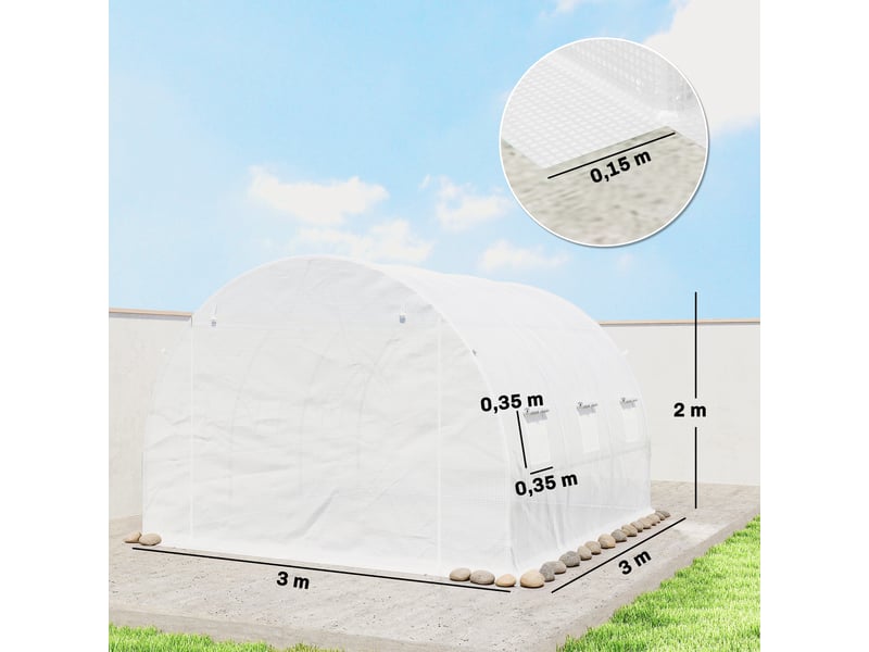 Film de protection pour serre 3 x 3 m, film polyéthylène imperméable avec porte enroulable, 6 fenêtres, protection uv, film seul, blanc - Conforama E