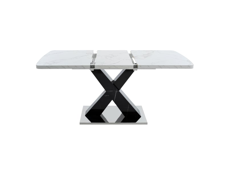 Table à manger extensible 120-160 cm, pieds croisés, plateau imitation marbre, panneau aggloméré et structure métallique bicolore blanc noir, table cuisine design - Conforama A