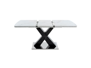 Table à manger extensible 120-160 cm, pieds croisés, plateau imitation marbre, panneau aggloméré et structure métallique bicolore blanc noir, table cuisine design