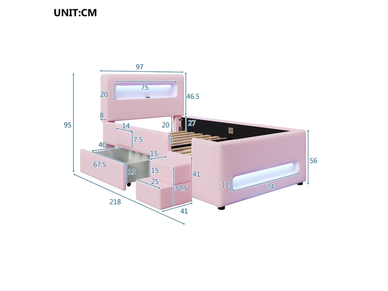  Lit plateforme 90x200 cm avec escalier, led, usb et rangement, rose  - Conforama E