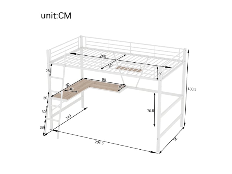  Lit mezzanine 90x200 cm, avec bureau en l et étagère, en métal, blanc, sans matelas  - Conforama D
