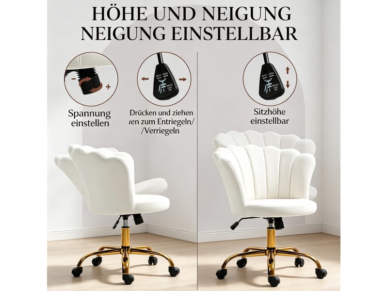  Chaise de bureau réglable en hauteur avec dossier en pétales, assise rembourrée et roulettes en velours blanc  - Conforama D