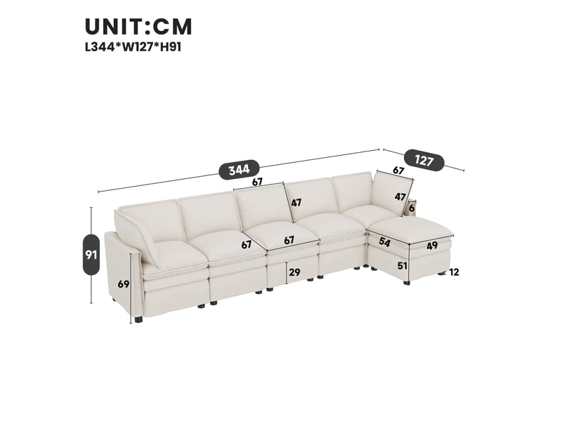  Canapé modulable 344x127x91 cm 6 places avec fonction couchage, beige  - Conforama C