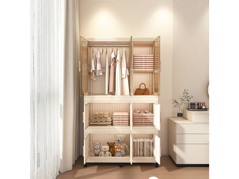 Armoire de chambre - 92 x 45 x 158 cm - beige - dressing modulaire pliable avec 9 portes magnétiques et roulettes - Conforama E