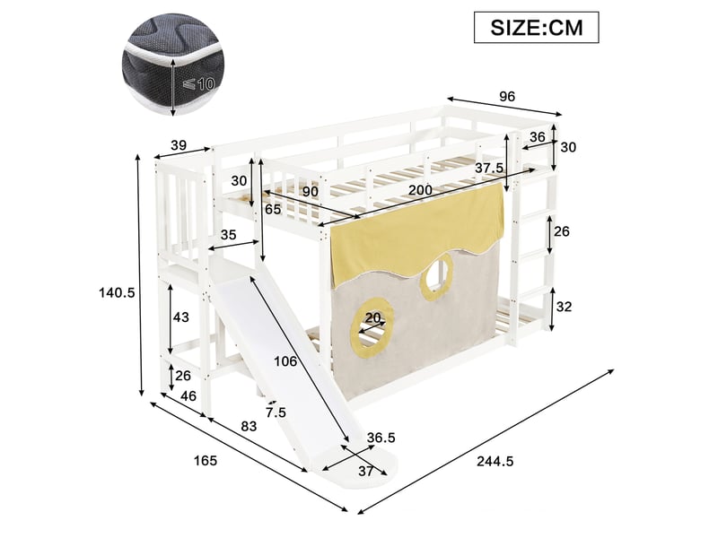  Lit superposé enfant 90x200 cm, lit avec toboggan, escalier et rideaux, chambre d'enfant, bois et mdf, sans matelas  - Conforama C