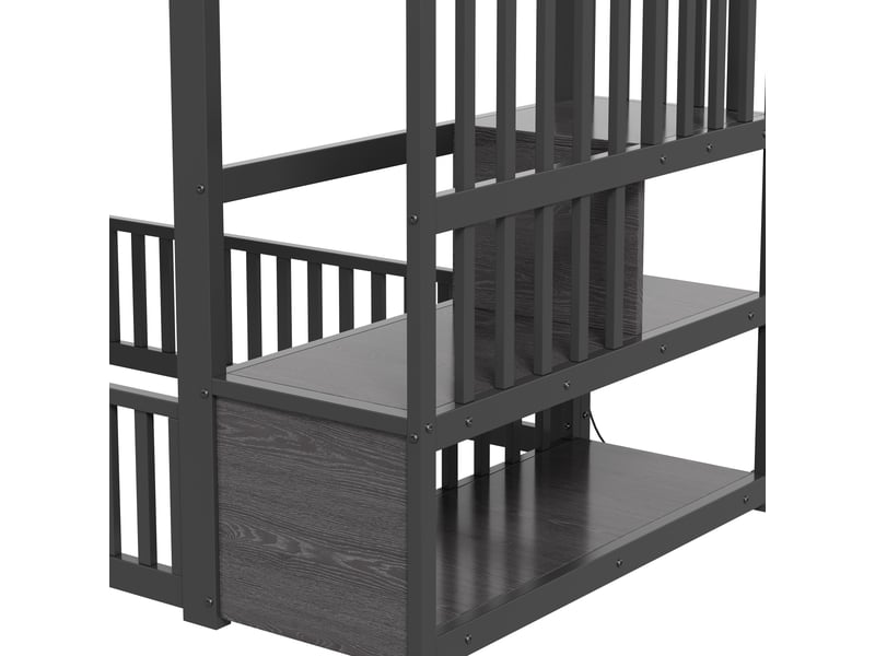  Lit superposé noir 90x200 cm en métal et mdf avec escalier de rangement, éclairage led et barrières avec portillon  - Conforama E