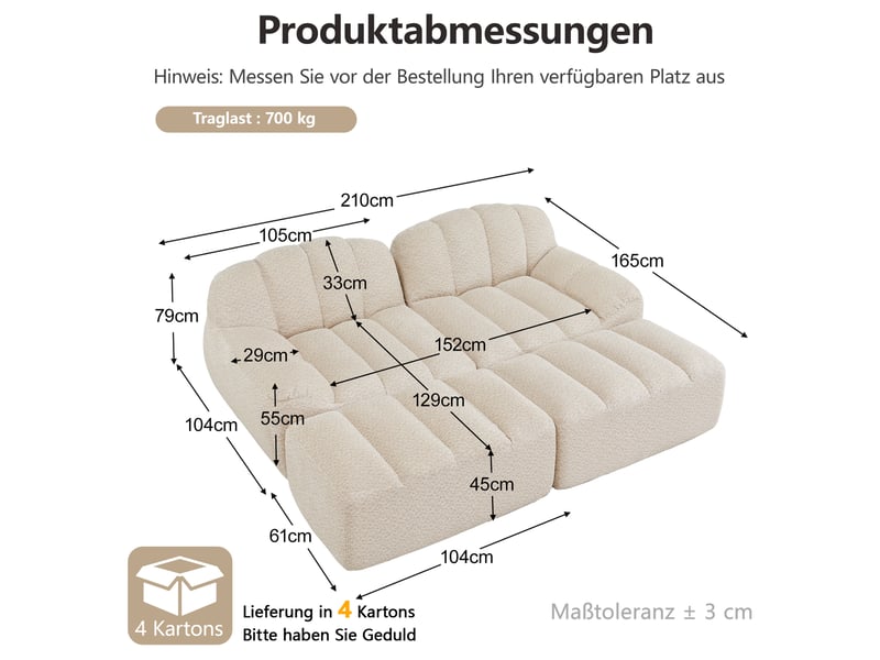 Canapé modulable - 2 places - 2 ottomans - base antidérapante - mobilier de salon - configuration flexible - beige et blanc CozyNest - Conforama D