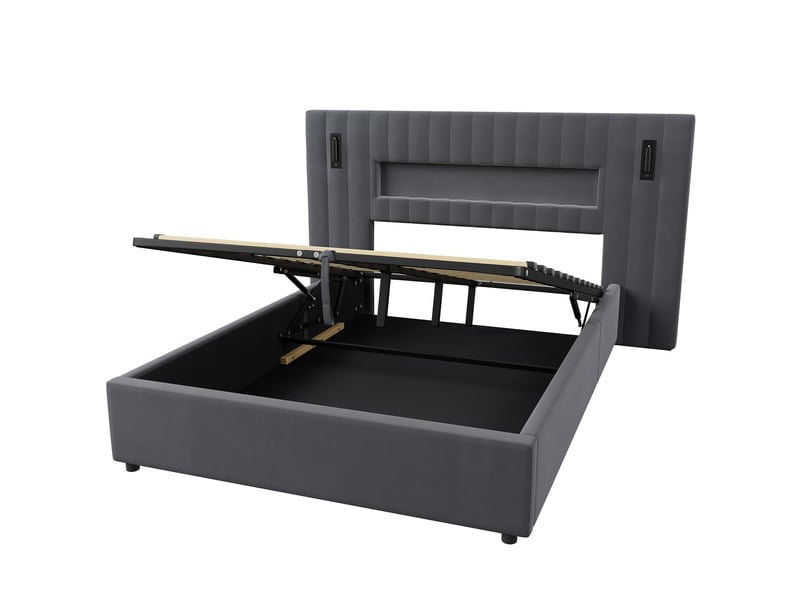  Lit coffre 140x200 cm, lit adulte double avec led et usb, métal et bois, gris (sans matelas)  - Conforama D