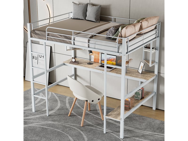 Lit mezzanine simple en métal 90 x 200 cm avec bureau &amp; rangement, blanc  - Conforama D