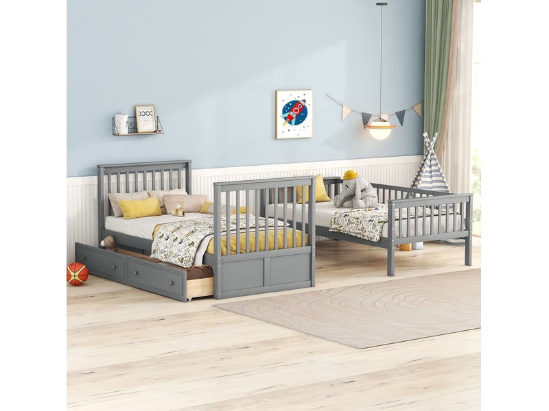 Lit superposé enfant 90x200 cm convertible avec 2 tiroirs coloris gris  - Conforama E