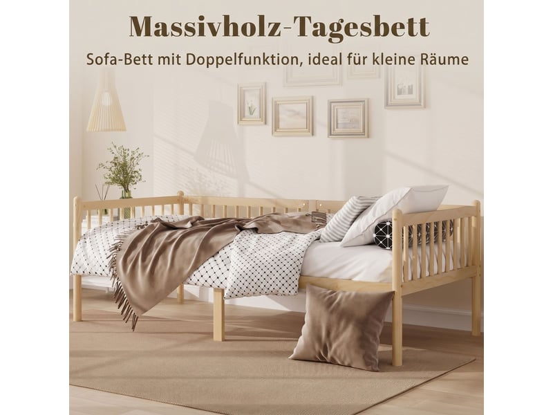  Canapé-lit 90 x 200 cm couchage d'appoint en bois de pin barrières de sécurité sur 3 côtés 14 supports fini naturel  - Conforama E