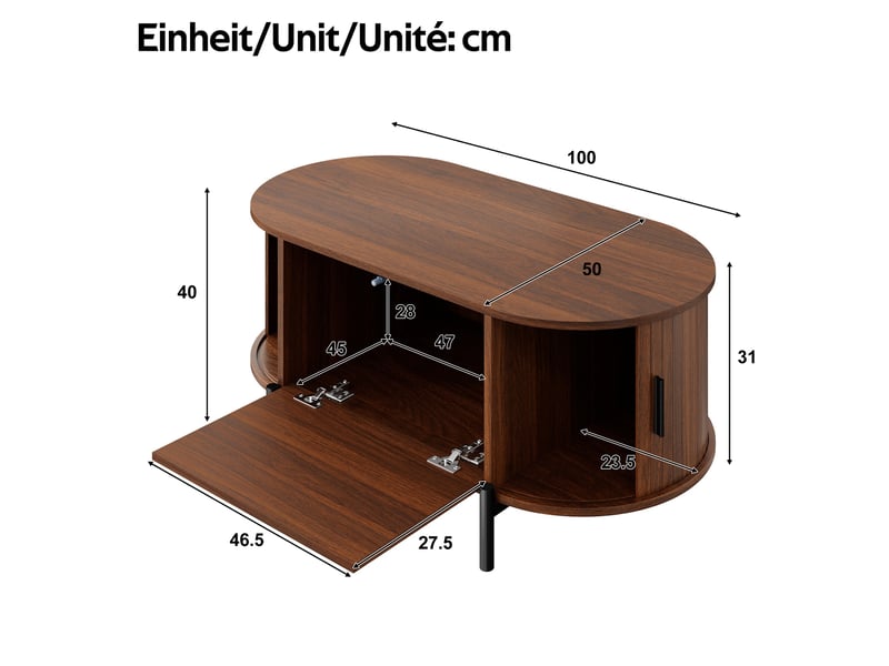  Table basse ovale en rotin, portes coulissantes, aspect bois, pieds en métal, table de salon multifonctionnelle avec espace de rangement  - Conforama C