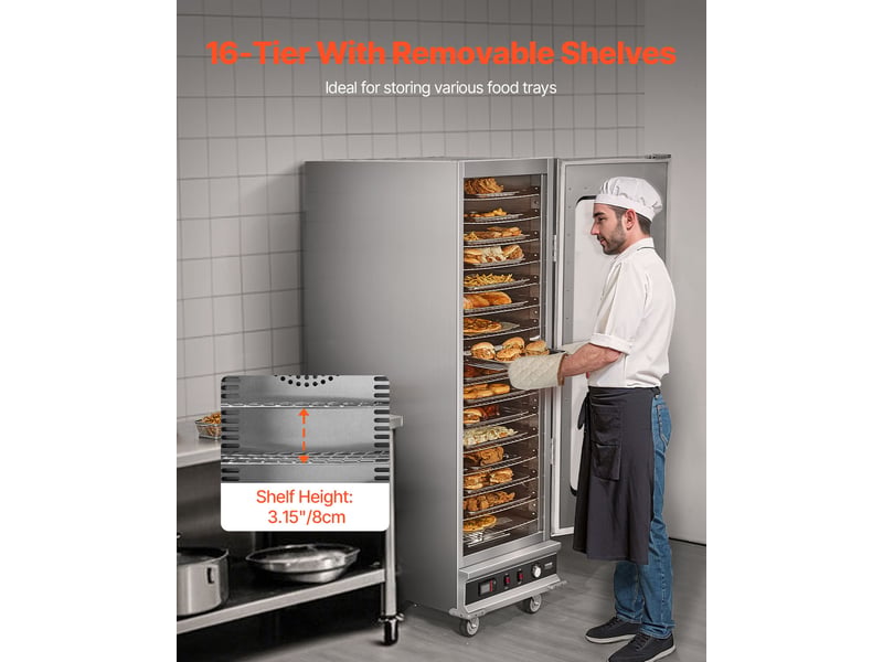 Armoire chauffante a 16 niveaux, etuve traiteur avec bac a eau, chauffe assiettes avec porte simple en verre et etageres reglables, en acier inoxydable, pour pizza poulet restaurant cantine  - Conforama D