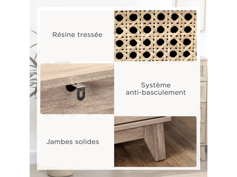  Commode 4 tiroirs meuble de rangement cannage en rotin 80 x 35 x 95 cm aspect bois clair  - Conforama R