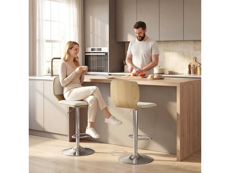 Ensemble de 2 tabourets de cuisine hauts, pivotants à 360°, hauteur réglable de 81 à 102 cm, revêtus de lin beige  - Conforama D