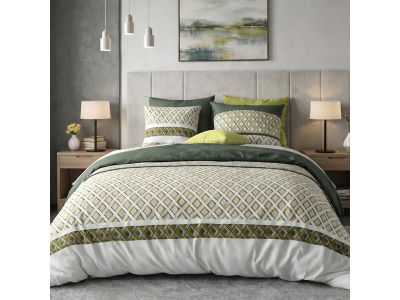  Parure housse de couette 260x240cm + 2 taies motif géométrique vert 100% coton - ayana AYANA - Conforama A