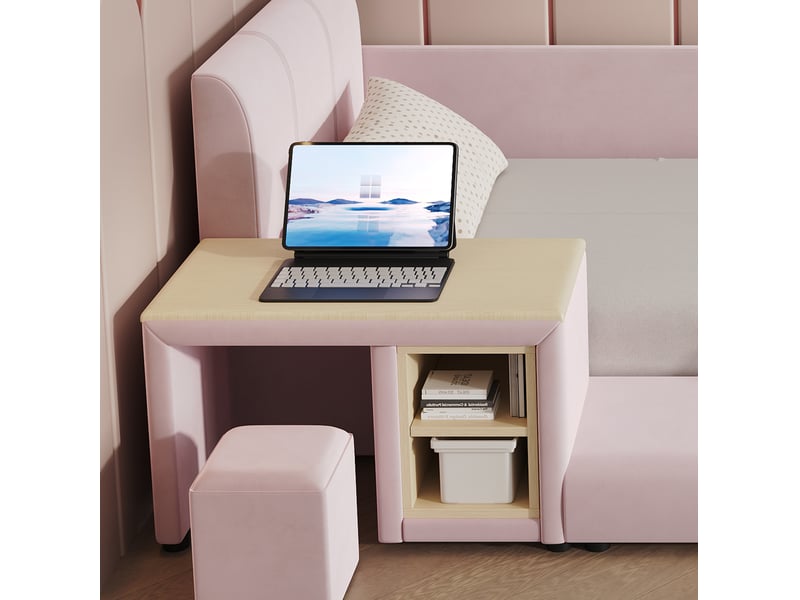  Lit enfant 90x200 cm, lit rembourré, avec bureau, tabouret et tablette de rangement, lattes en bois, rose, sans matelas  - Conforama E