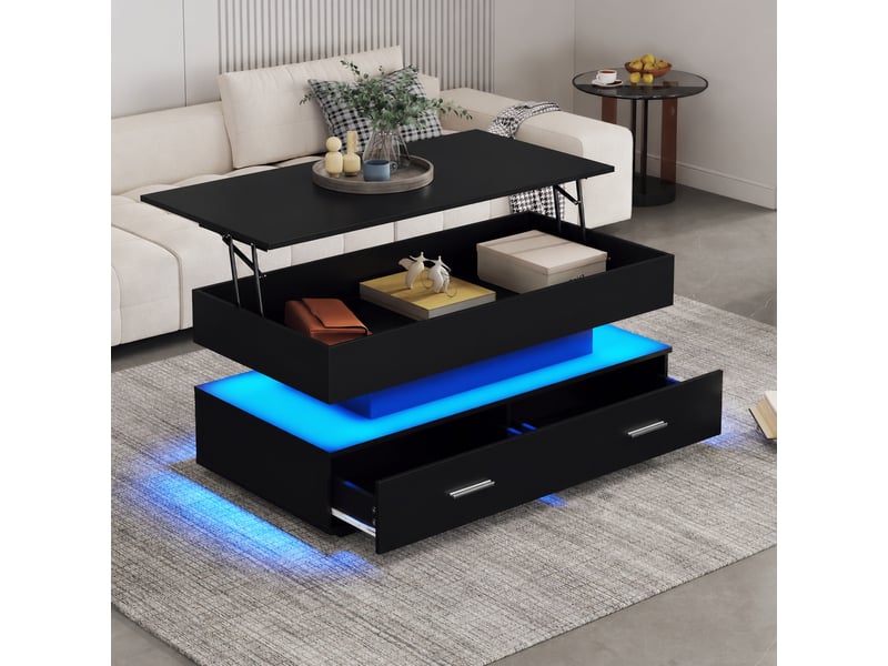  Table basse relevable noire avec led et 2 tiroirs, 100 × 50 × 44 cm  - Conforama E