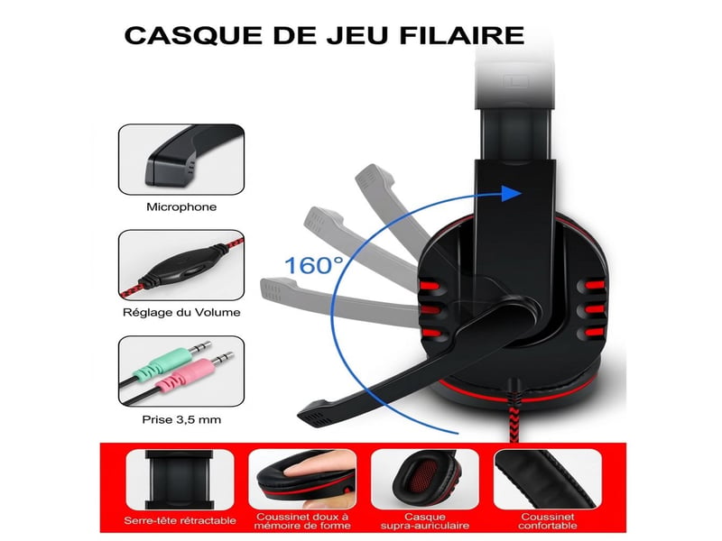  Pack gaming 4 en 1 clavier souris casque tapis – ensemble gamer pc rétroéclairé rainbow avec souris rgb, micro-casque stéréo réglable et tapis antidérapant – noir  - Conforama C