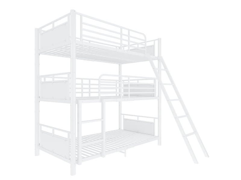  Lit superposé enfant 90 × 200 cm 3 places avec 2 échelles et barrières, sans matelas, métal et bois blanc  - Conforama A