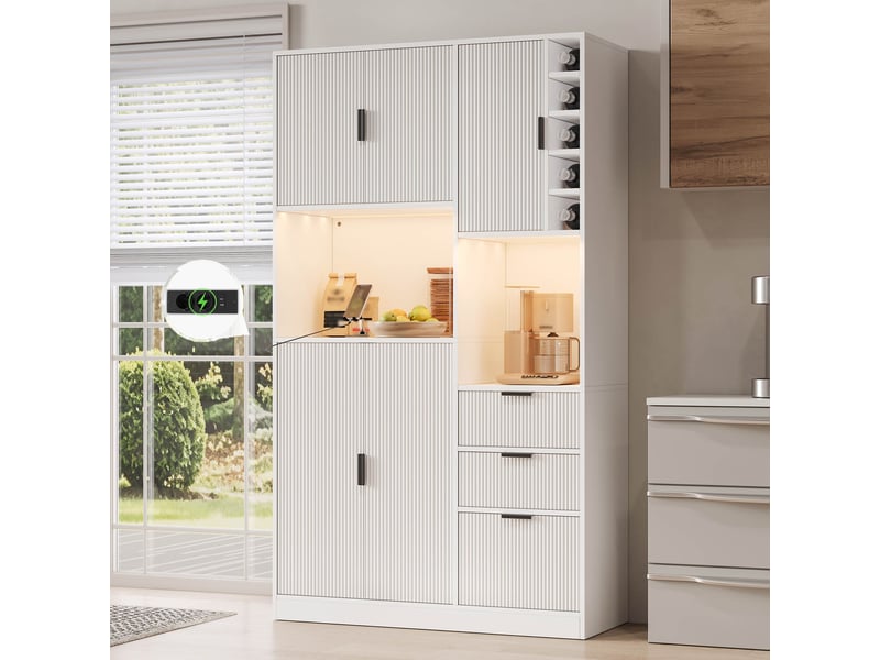  Buffet de cuisine haut 180x105x40 cm, meuble rangement grande capacité avec 3 tiroirs, étagères modulables et éclairage led intégré pour salle à manger spacieuse  - Conforama B