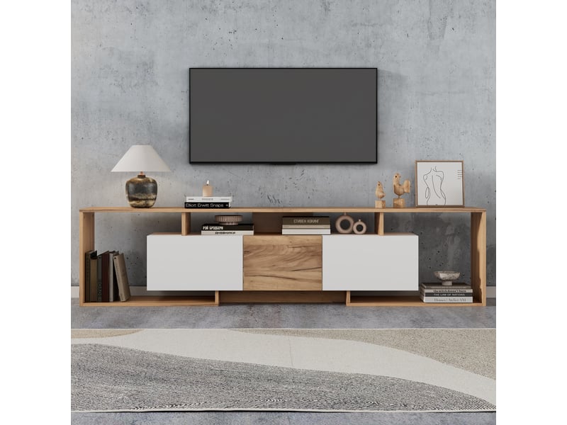  Meuble tv 180 cm bois et blanc avec 3 portes, meuble tv pour 85 pouces, profondeur 30 cm  - Conforama B