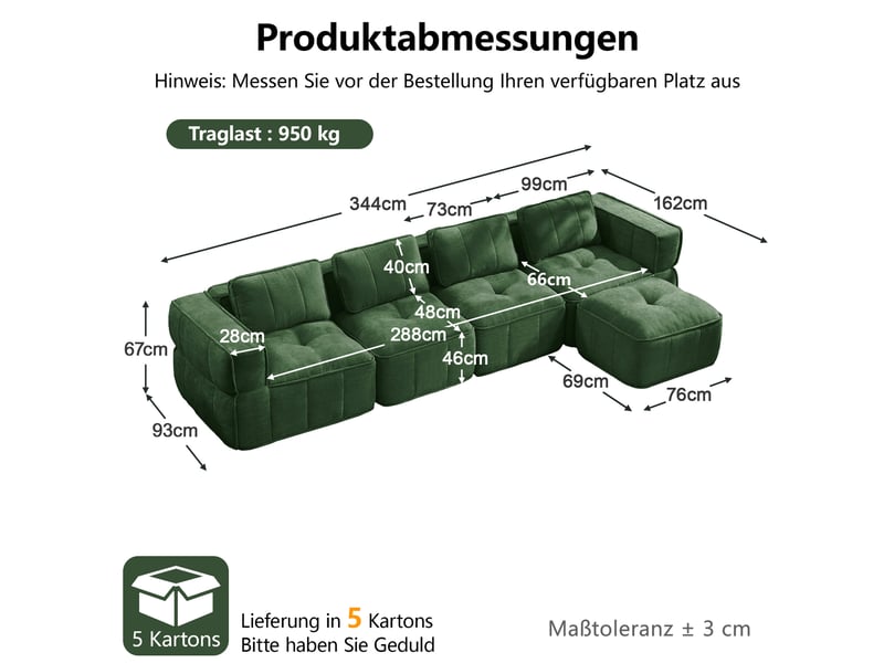  Canapé d'angle modulable sans cadre 4 places avec pouf en polyester vert  - Conforama C