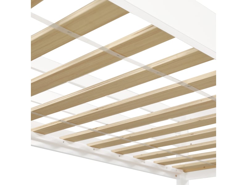 Lit superposé 90x200 cm en pin blanc, échelle droite, garde-corps et porte, espace libre sous le lit - Conforama E