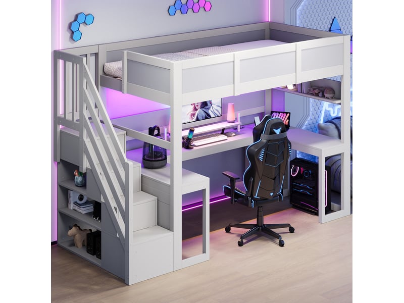 Lit mezzanine enfant 90x200 cm – blanc – bureau gaming, led 7 couleurs, usb et rangements – sans matelas - Conforama B