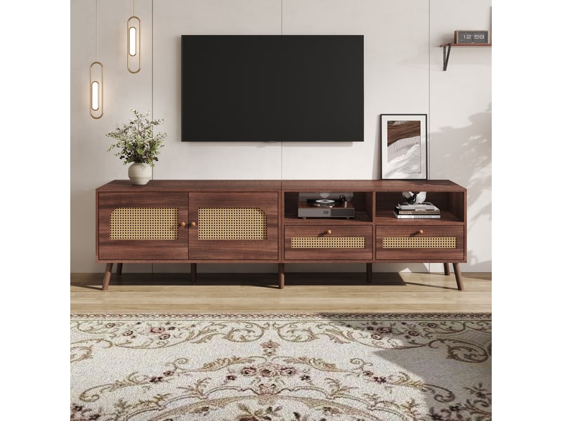  Meuble tv moderne en rotin - 200x37x49.5 cm - pour téléviseur 80 pouces - 2 portes en rotin - 2 tiroirs - 8 pieds  - Conforama A