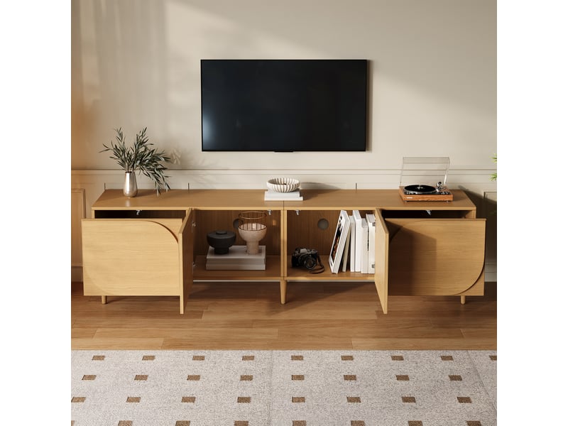 Meuble tv, 180 x 40 x 47,5 cm, 2 portes, 2 tiroirs, façade à motif en relief incurvé, sans poignées, pieds en bois, naturel GL9756N - Conforama D