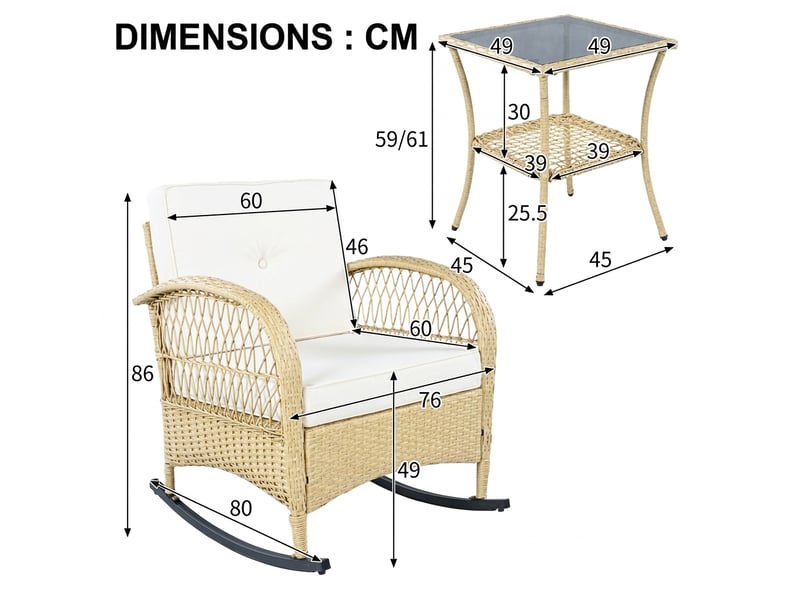 Ensemble de balcon en rotin, 3 pièces, comprenant 2 fauteuils à bascule, une table en verre, des coussins beiges, résistant aux intempéries, capacité de charge 160 kg - Conforama C