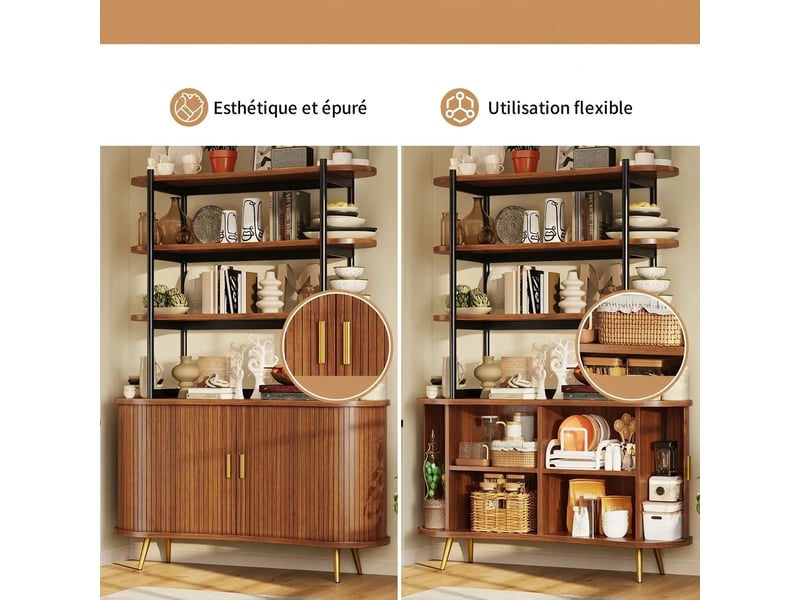  Buffet de cuisine 120x40x183 cm avec étagères et portes coulissantes, meuble de rangement en bois  - Conforama E