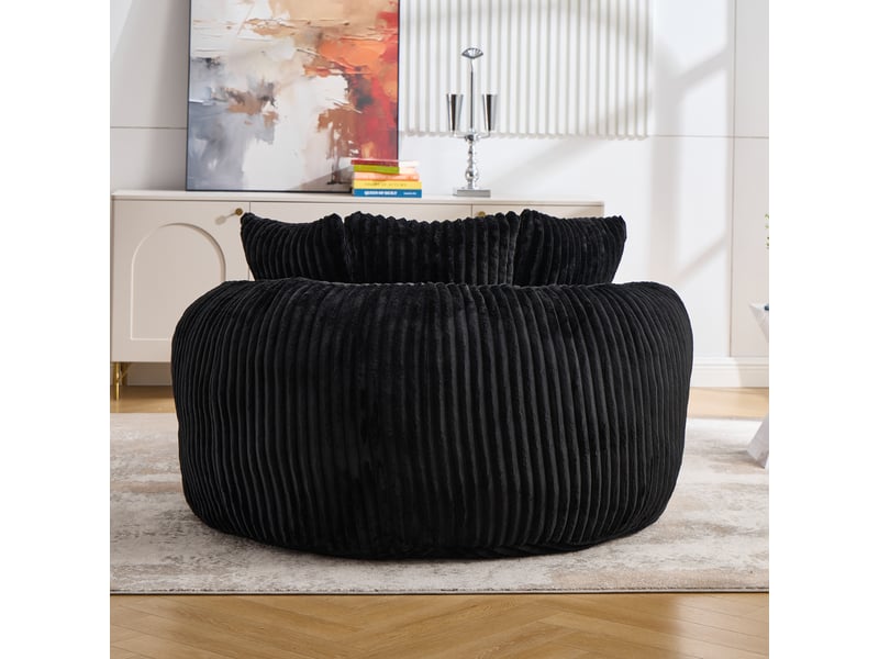  Fauteuil rond avec repose-pieds, cinq coussins et dossier enveloppant en tissu côtelé noir, 168 × 123 × 63 cm  - Conforama D