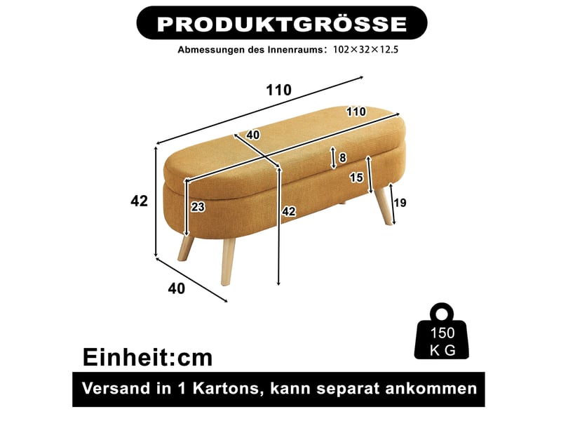  Banc de rangement 110 x 40 x 42 cm jaune en chenille, coffre ventilé avec pieds antidérapants pour entrée  - Conforama C