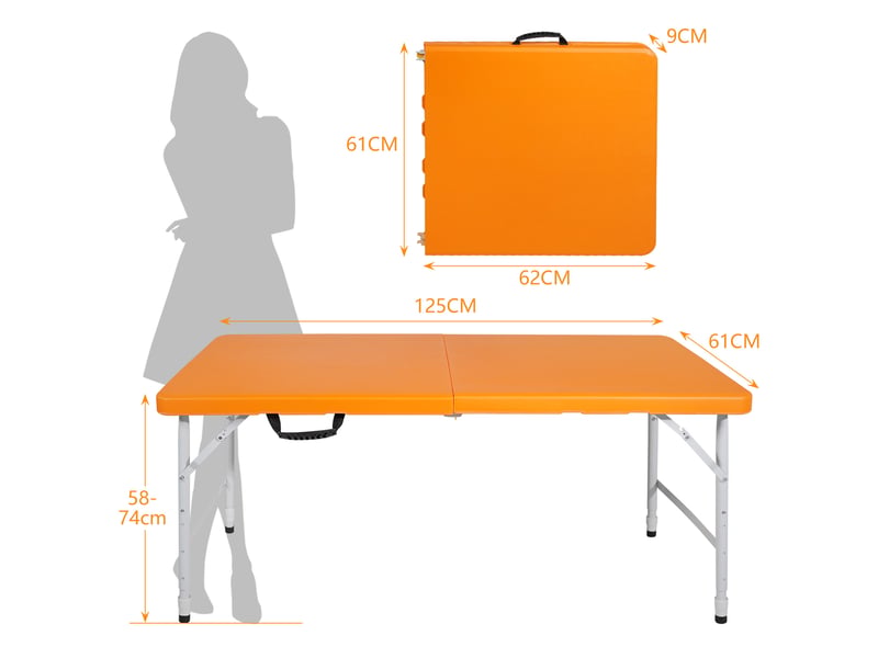 Table pliante portable 125x61 cm – orange – hauteur réglable 58-74 cm, pliage compact avec poignée intégrée - Conforama C
