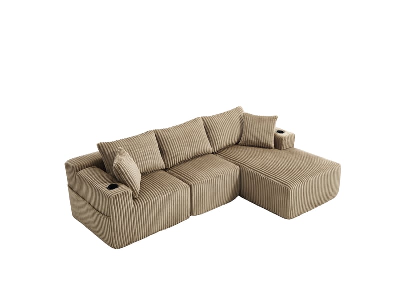 Canapé modulable avec méridienne 2 places velours côtelé 5 coussins poches latérales porte-gobelets diy - Conforama D