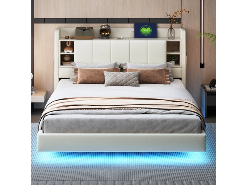  Modenvie lit coffre 160x200 cm - avec led, port usb, rangements intégrés, sans matelas - beige  - Conforama E
