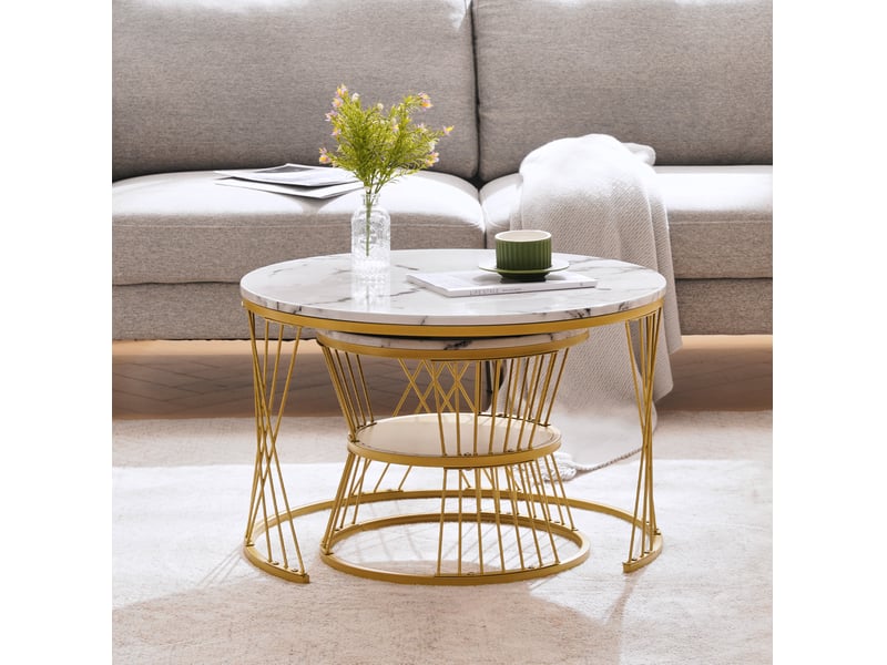  Lot de 2 tables basses gigognes rondes 70x70x45 cm et 45x45x40 cm, blanc et doré  - Conforama E