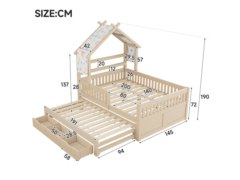  Lit plateforme enfant 140x200 cm avec lit gigogne et 3 tiroirs, barrières de sécurité, solution gain de place en bois, crème OPULERANE TRADING LTD - Conforama C