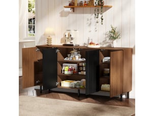 Buffet 160x35x80 cm en panneau de particules coloris noyer et noir, 4 portes
