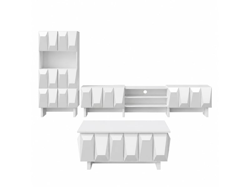  Ensemble meuble tv et table basse 3 pièces blanc, façades 3d, meuble tv 180 cm  - Conforama A
