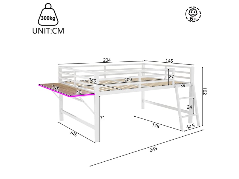  Lit mezzanine 140x200 cm, bureau pliable, garde-corps, échelle, éclairage led, métal blanc, sans matelas  - Conforama C