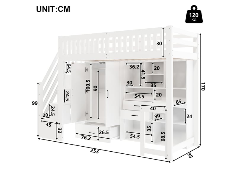  Lit mezzanine 90x200 cm avec échelle de rangement et armoire, lit 1 personne en blanc, lit enfant avec bureau et tiroirs  - Conforama W