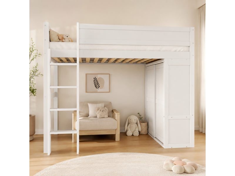  Lit mezzanine enfant 90 x 200 cm blanc avec armoire et rangement  - Conforama C
