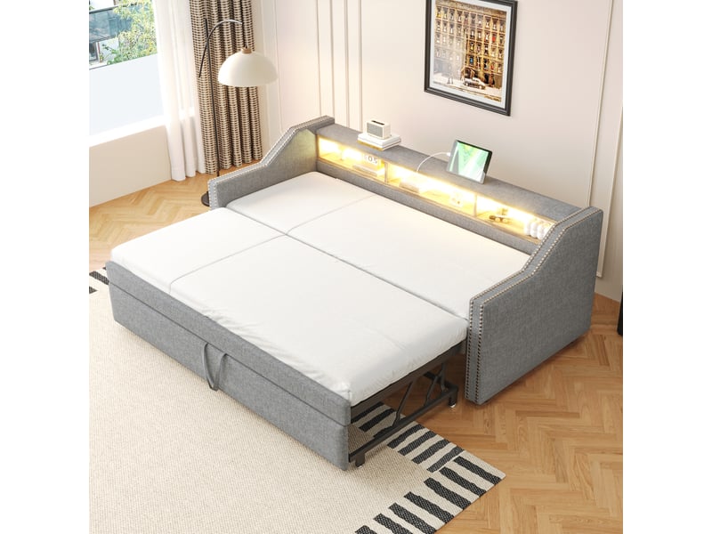  Sofa-lit capitonné 90 ou 180 x 190 cm, led et usb, coffre de rangement, sommier à lattes, coloris gris clair confort  - Conforama E